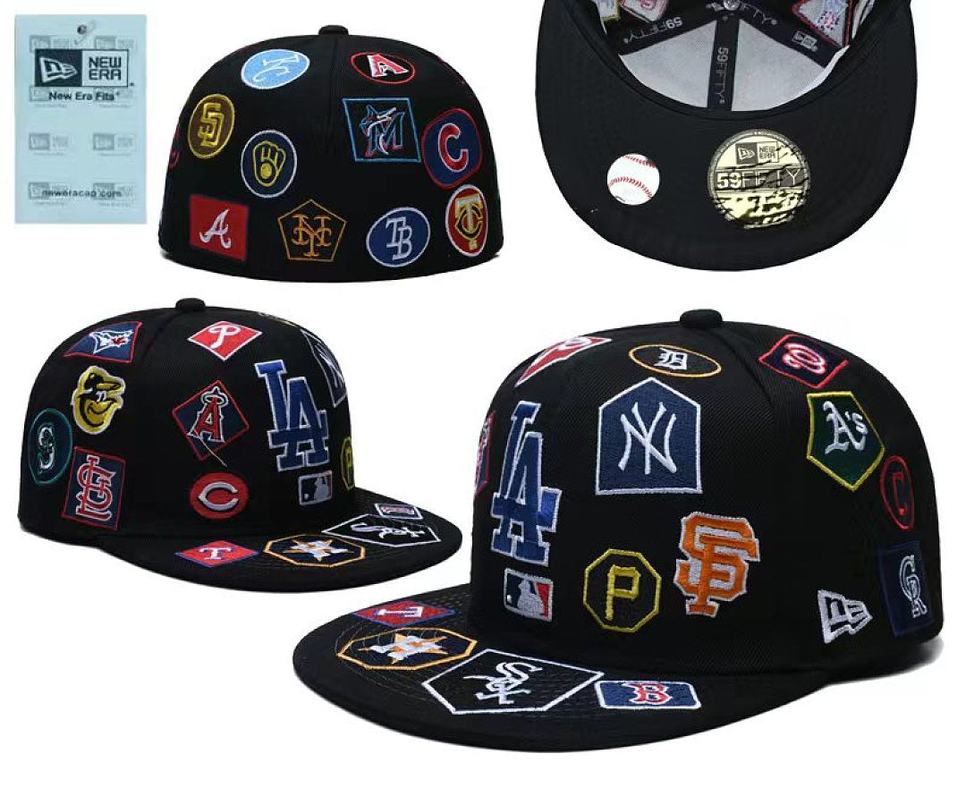 Multi Team Logo All Over Embroidered Flat Bill Fitted Streetwear Baseball Cap