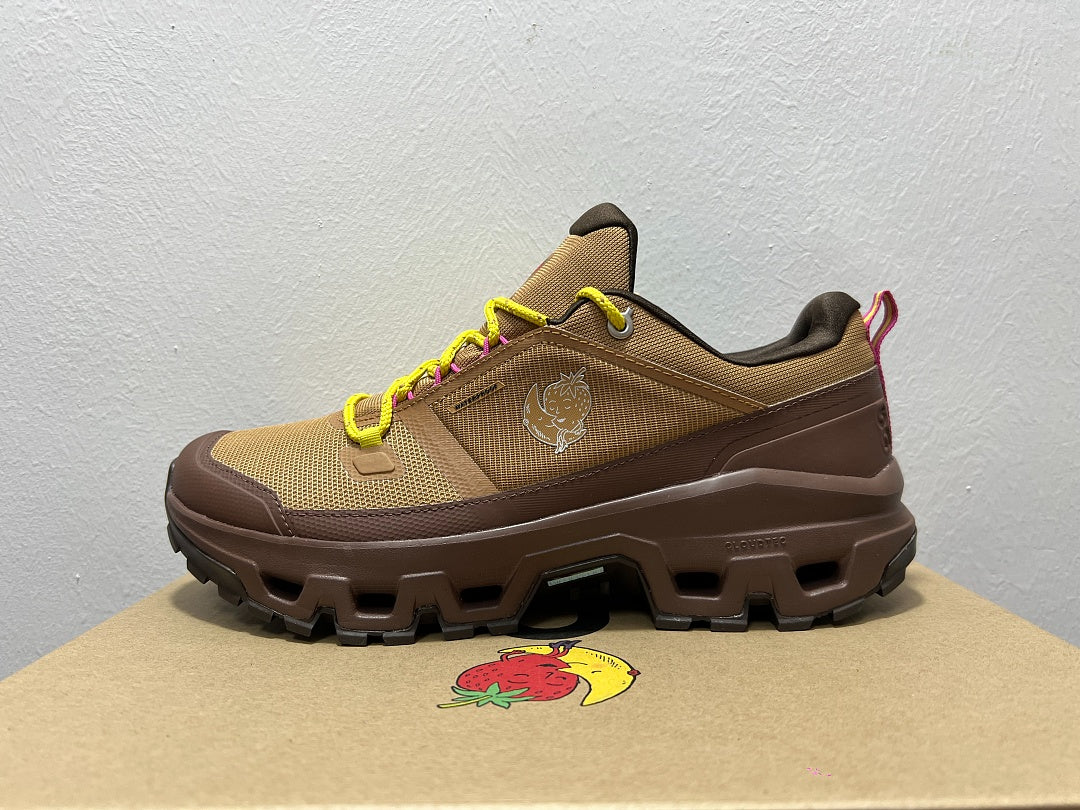 On Cloudrock Low Waterproof Hiking Shoes in Brown with Yellow and Pink Accents (Special Edition)