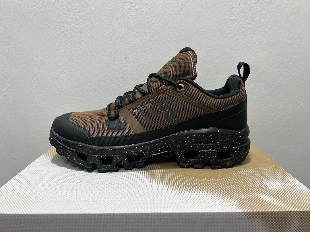 On Cloudrock Low Waterproof Hiking Shoes in Brown / Black with Speckled Midsole