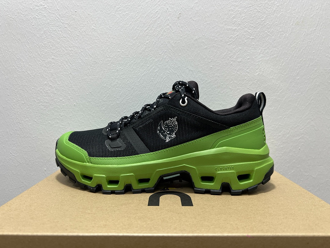 On Cloudrock Low Waterproof Hiking Shoes in Black / Green (Special Edition)