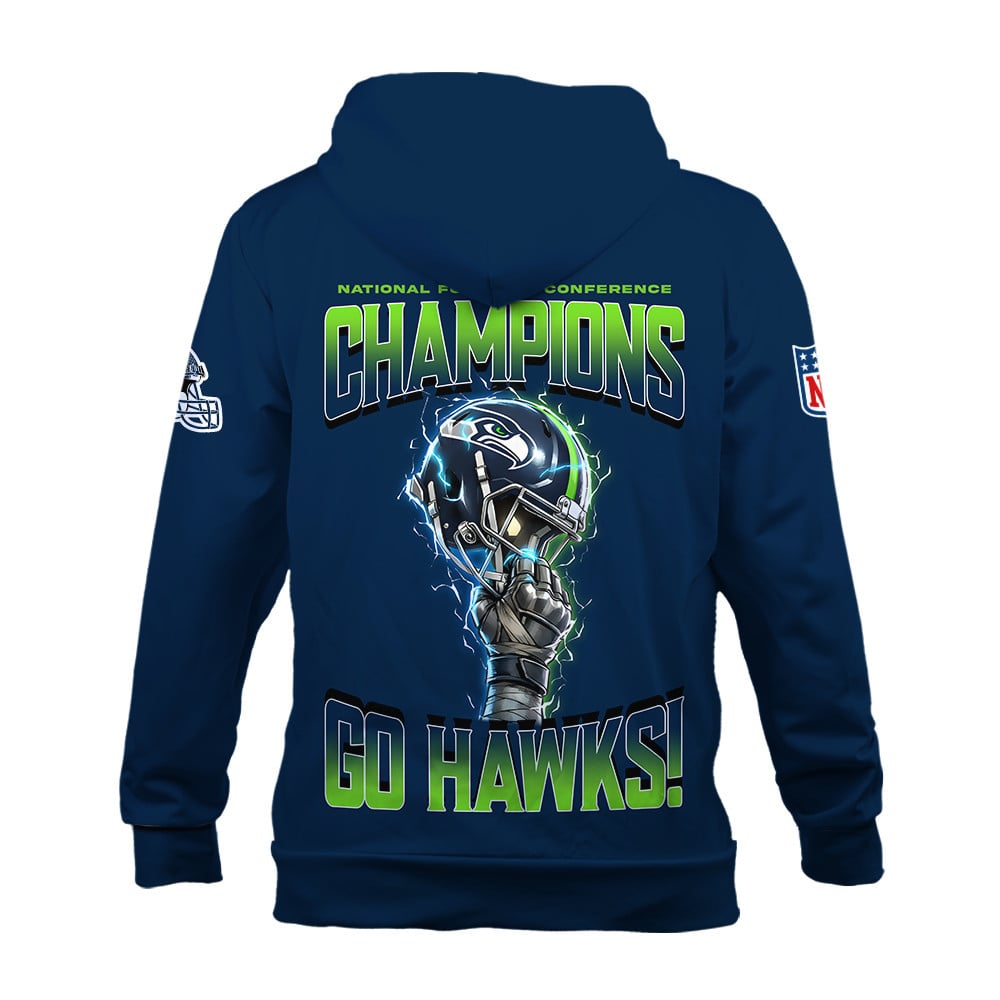 Seattle Seahawks NFC Champions 2025 – Fiery Lightning Zip Hoodie