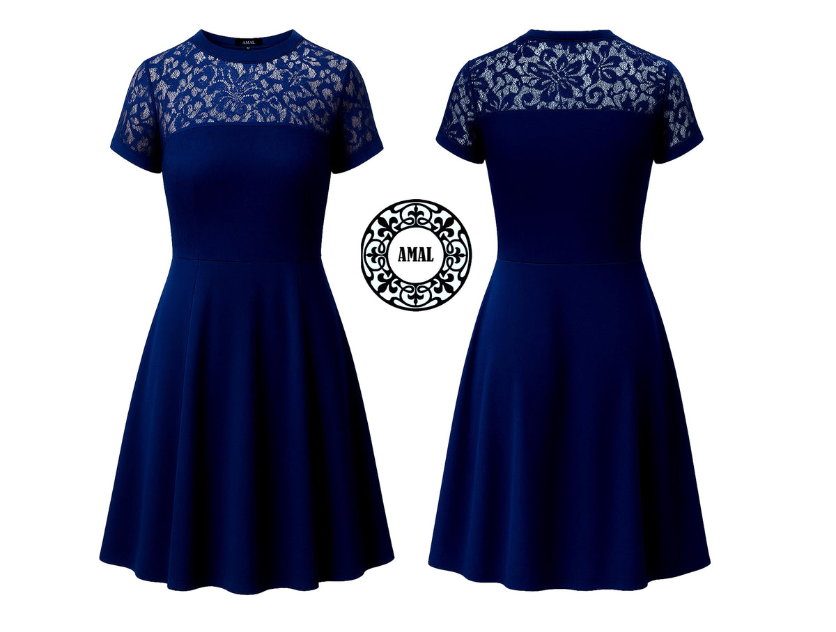 Amal. Elegant Black Knee-Length Dress with Lace Top, Classic Evening A-Line Dress, Model 134, USA