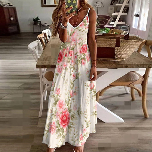 Roses Floral Maxi Dress, Ivory Pink Romantic Garden Boho Beach Vacation