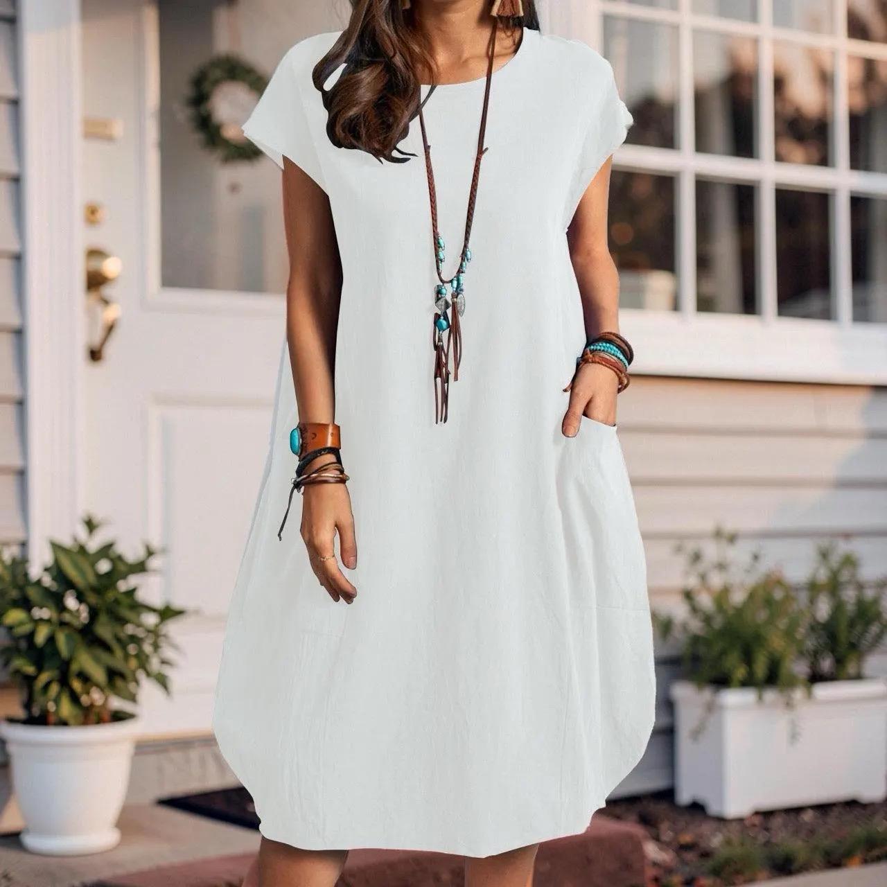 Short Sleeve Pocket Midi Dress, Women's Boho Loose Fit Summer Dress