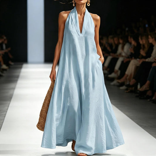 2026 Women'S Summer New V-Neck Sleeveless Solid Color Long Dress Loose Beach Vacation Dress with Pockets