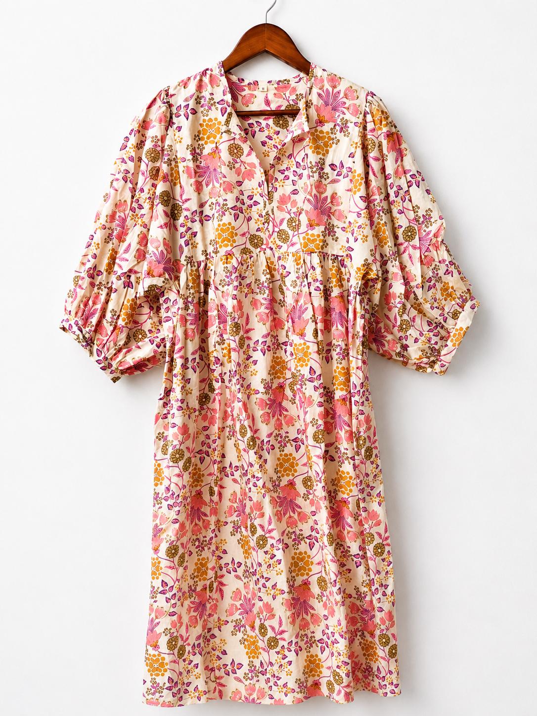 Boho Floral Cotton Midi Dress, Handmade Puff Sleeve Summer Casual Wear