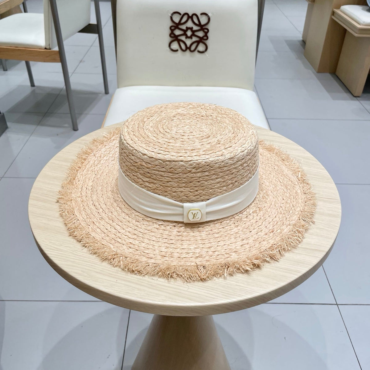 LV Hat Flat Top Frayed Brim Beige White in Raffia 207232