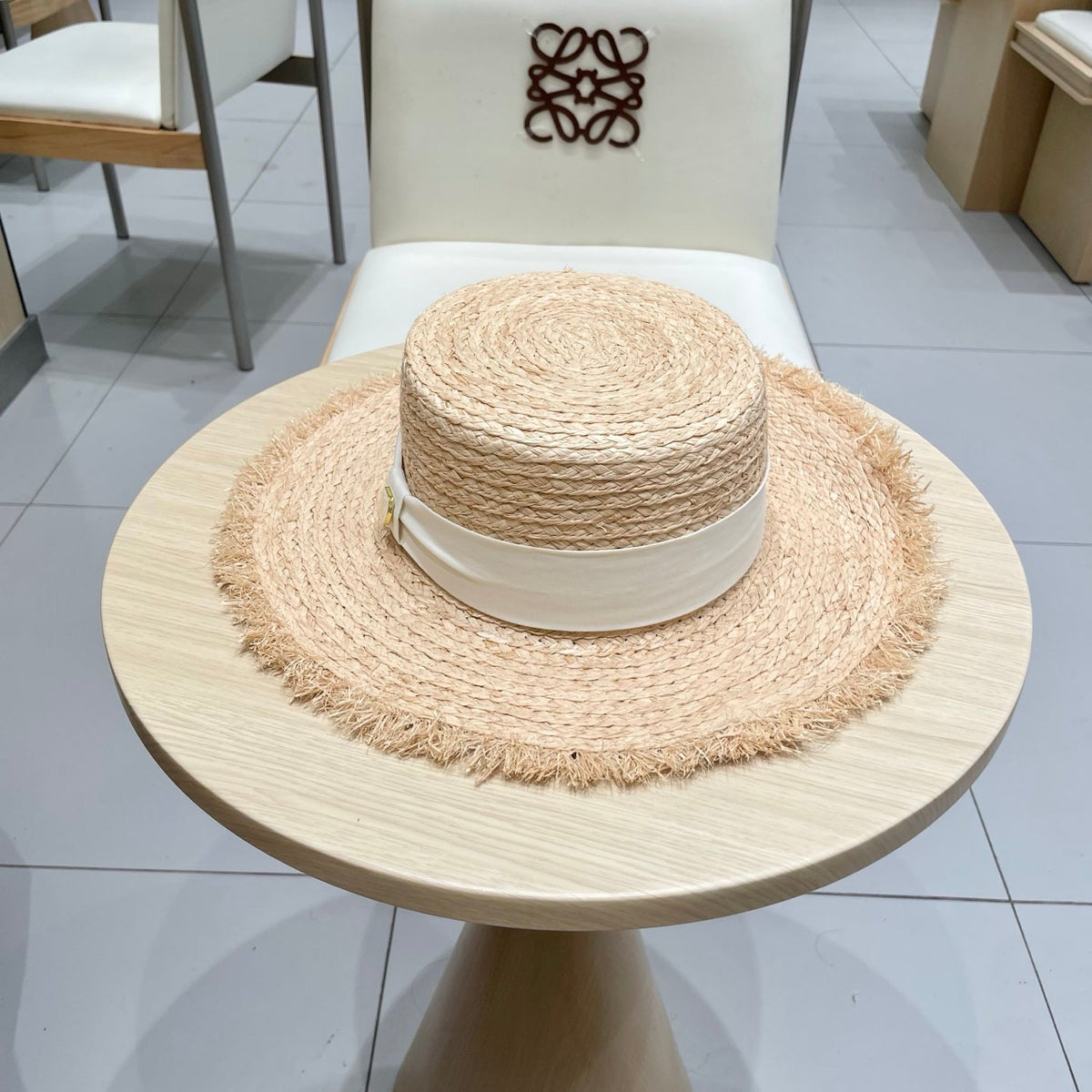 LV Hat Flat Top Frayed Brim Beige White in Raffia 207232