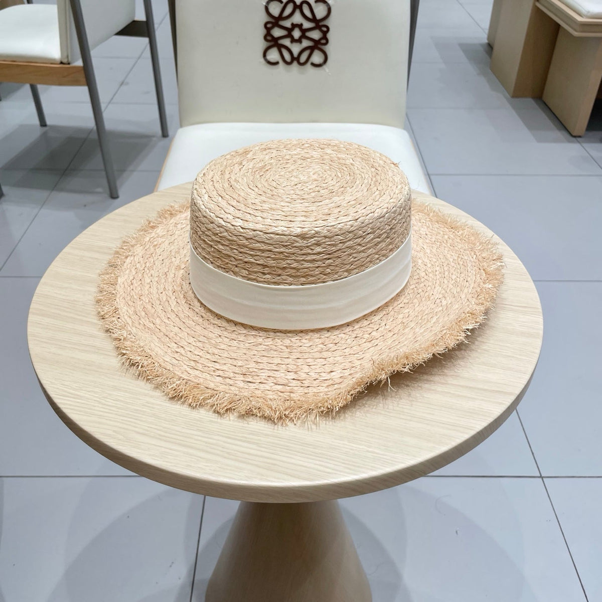 LV Hat Flat Top Frayed Brim Beige White in Raffia 207232
