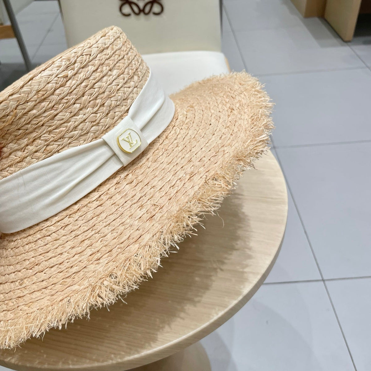 LV Hat Flat Top Frayed Brim Beige White in Raffia 207232