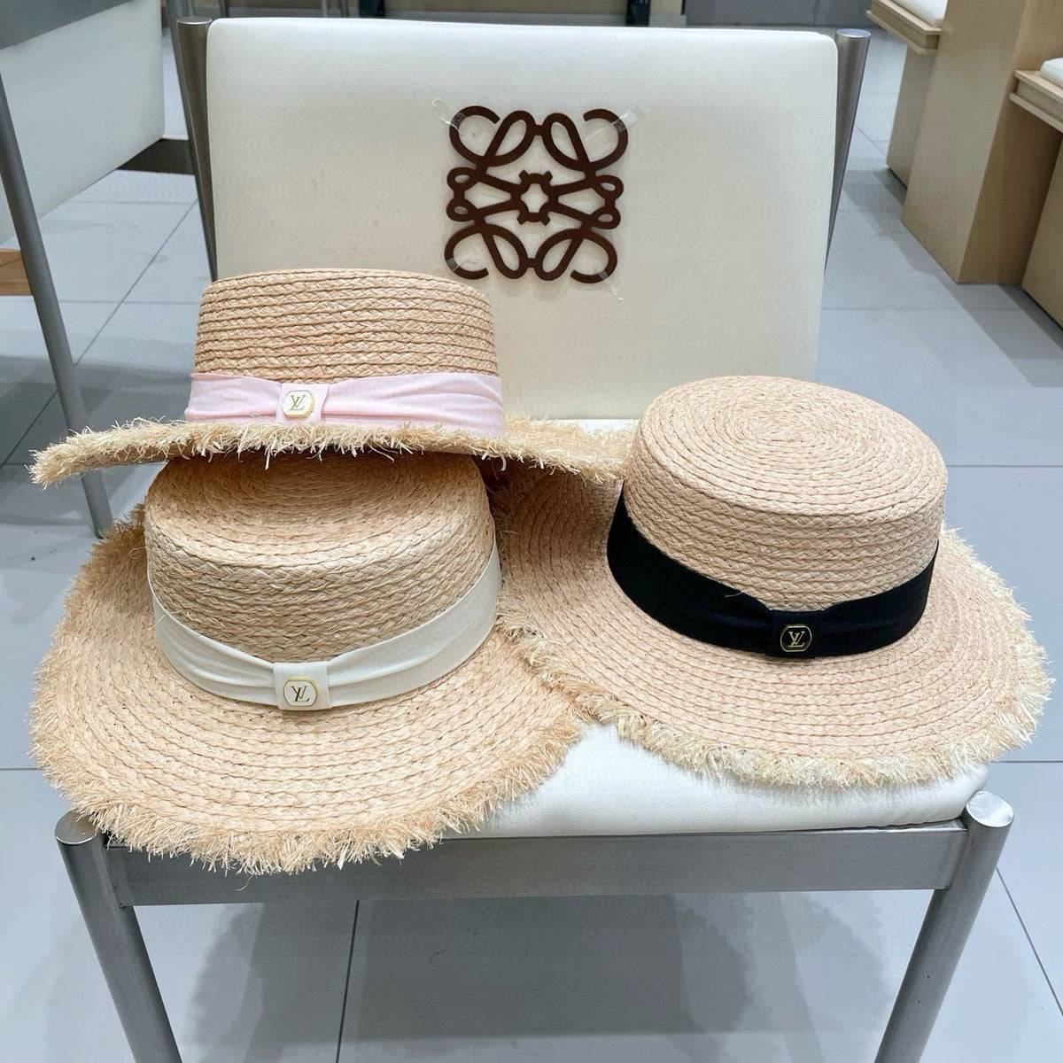 LV Hat Flat Top Frayed Brim Beige White in Raffia 207232