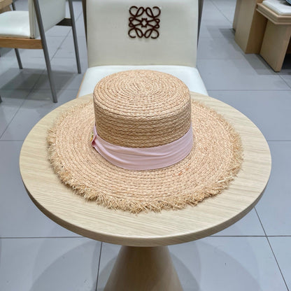 LV Hat Flat Top Frayed Brim Beige Pink in Raffia 207231