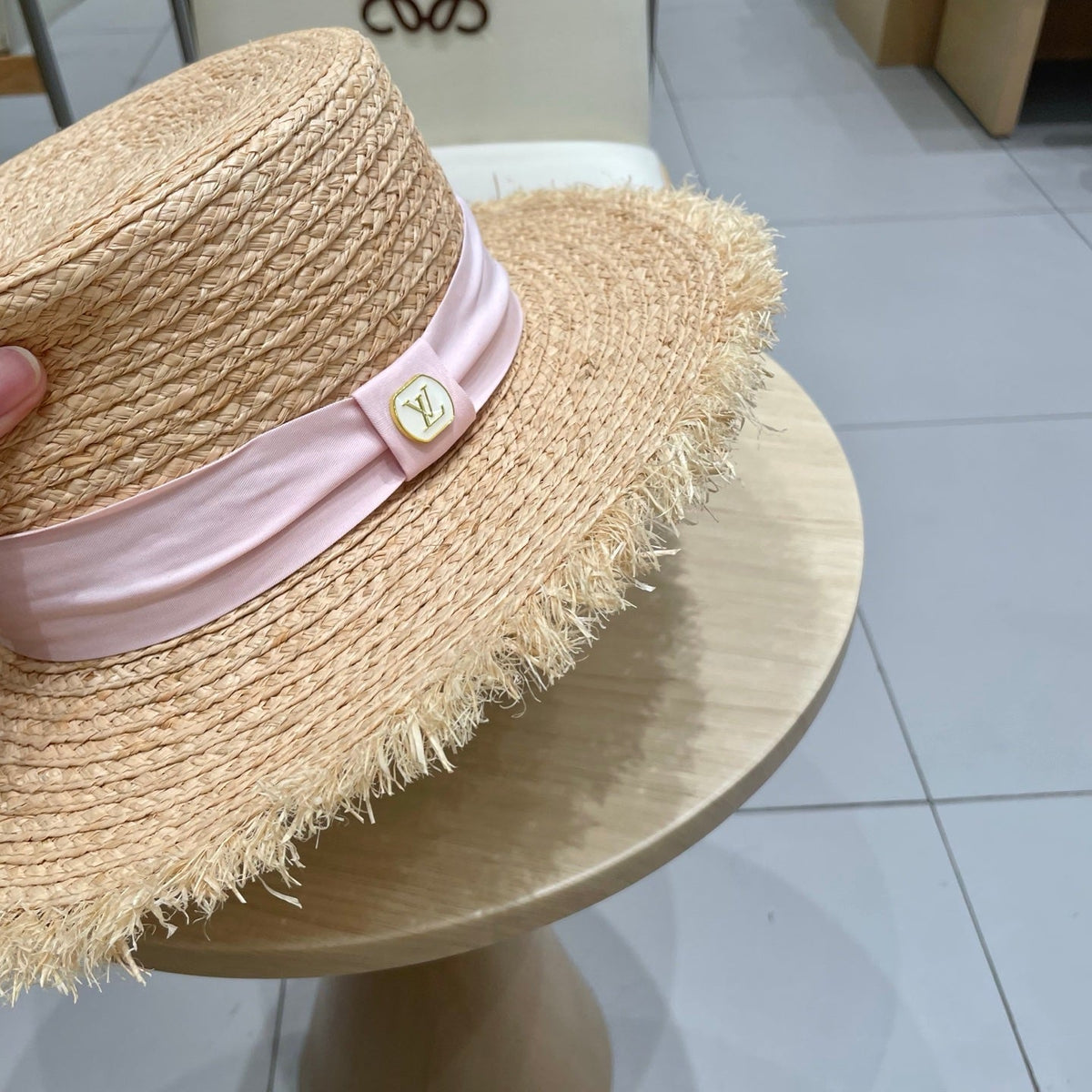 LV Hat Flat Top Frayed Brim Beige Pink in Raffia 207231