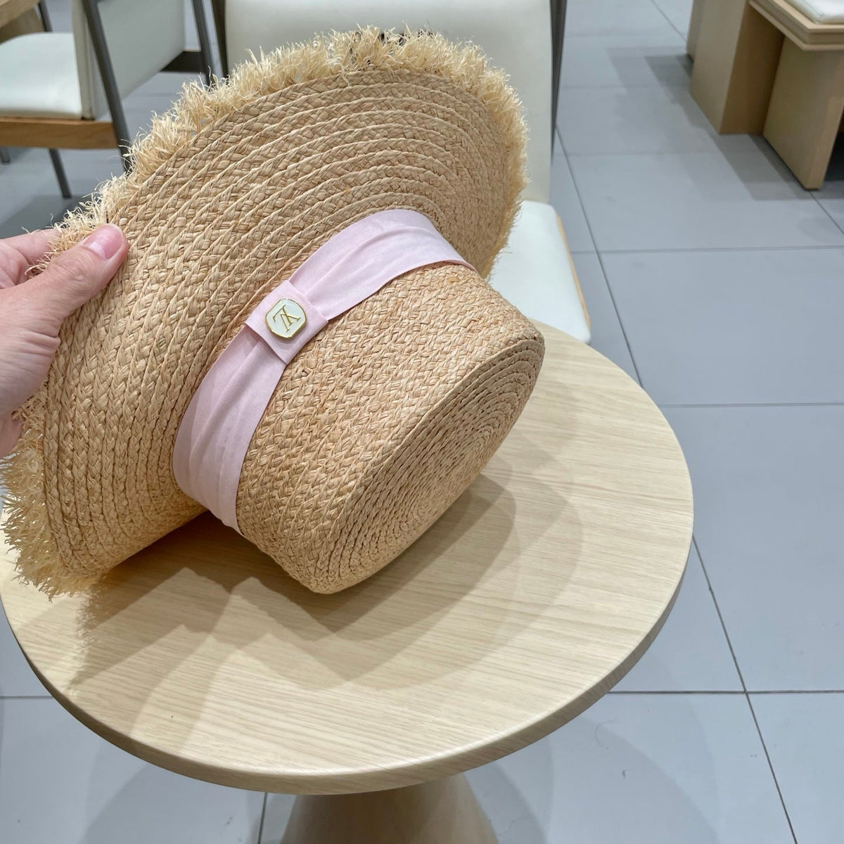 LV Hat Flat Top Frayed Brim Beige Pink in Raffia 207231