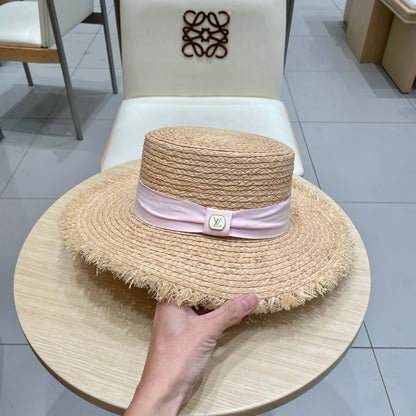 LV Hat Flat Top Frayed Brim Beige Pink in Raffia 207231