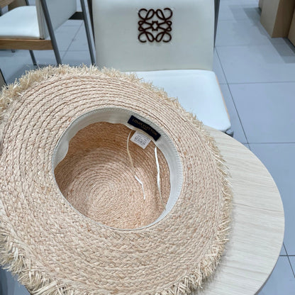 LV Hat Flat Top Frayed Brim Beige Pink in Raffia 207231