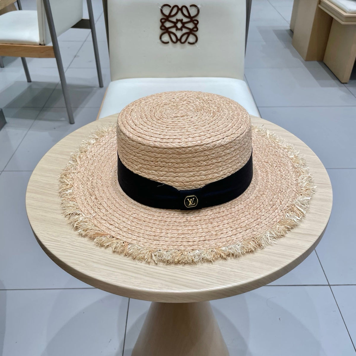LV Hat Flat Top Frayed Brim Beige Black in Raffia 207230