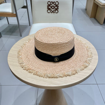 LV Hat Flat Top Frayed Brim Beige Black in Raffia 207230