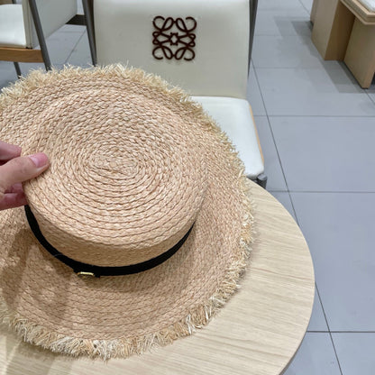 LV Hat Flat Top Frayed Brim Beige Black in Raffia 207230
