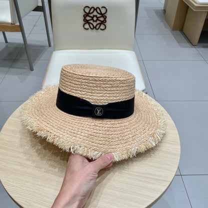 LV Hat Flat Top Frayed Brim Beige Black in Raffia 207230