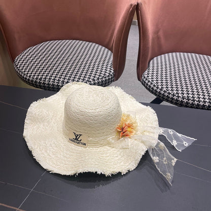 LV French-style Floral Lace Ribbon Hat White in Straw 207011
