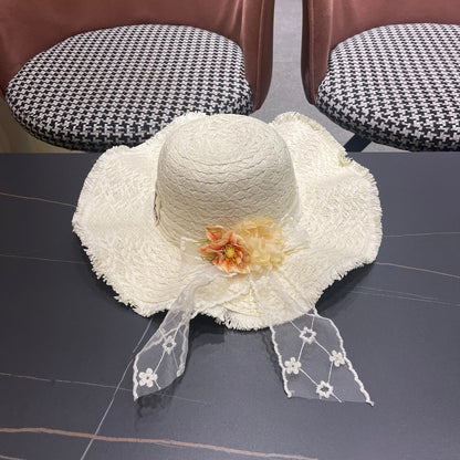 LV French-style Floral Lace Ribbon Hat White in Straw 207011