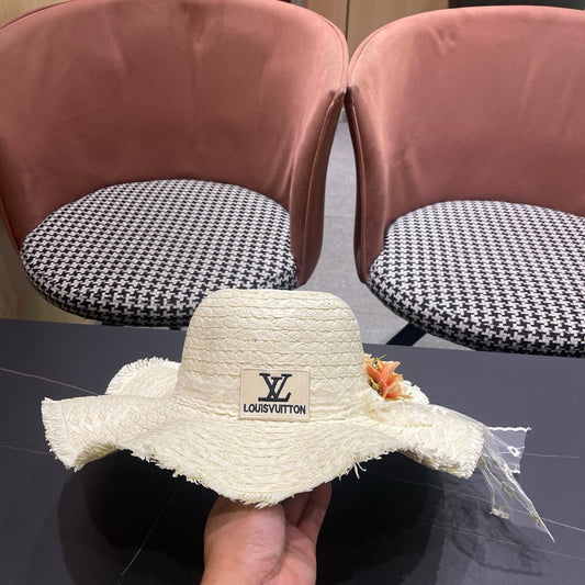 LV French-style Floral Lace Ribbon Hat White in Straw 207011