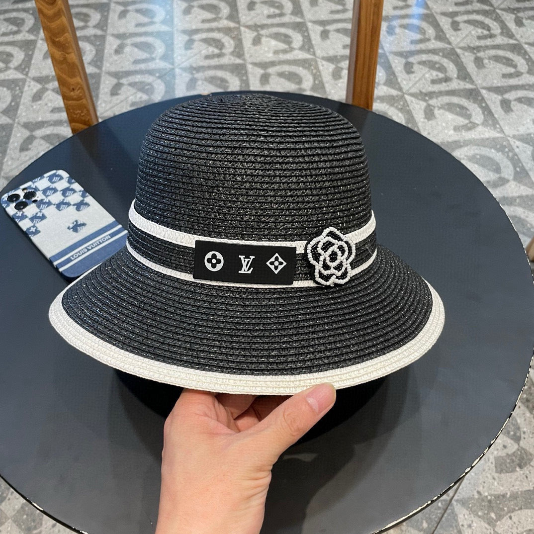 LV Dome Brim Hat with Bow Black in Straw 205626