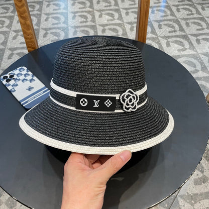 LV Dome Brim Hat with Bow Black in Straw 205626