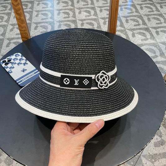 LV Dome Brim Hat with Bow Black in Straw 205626