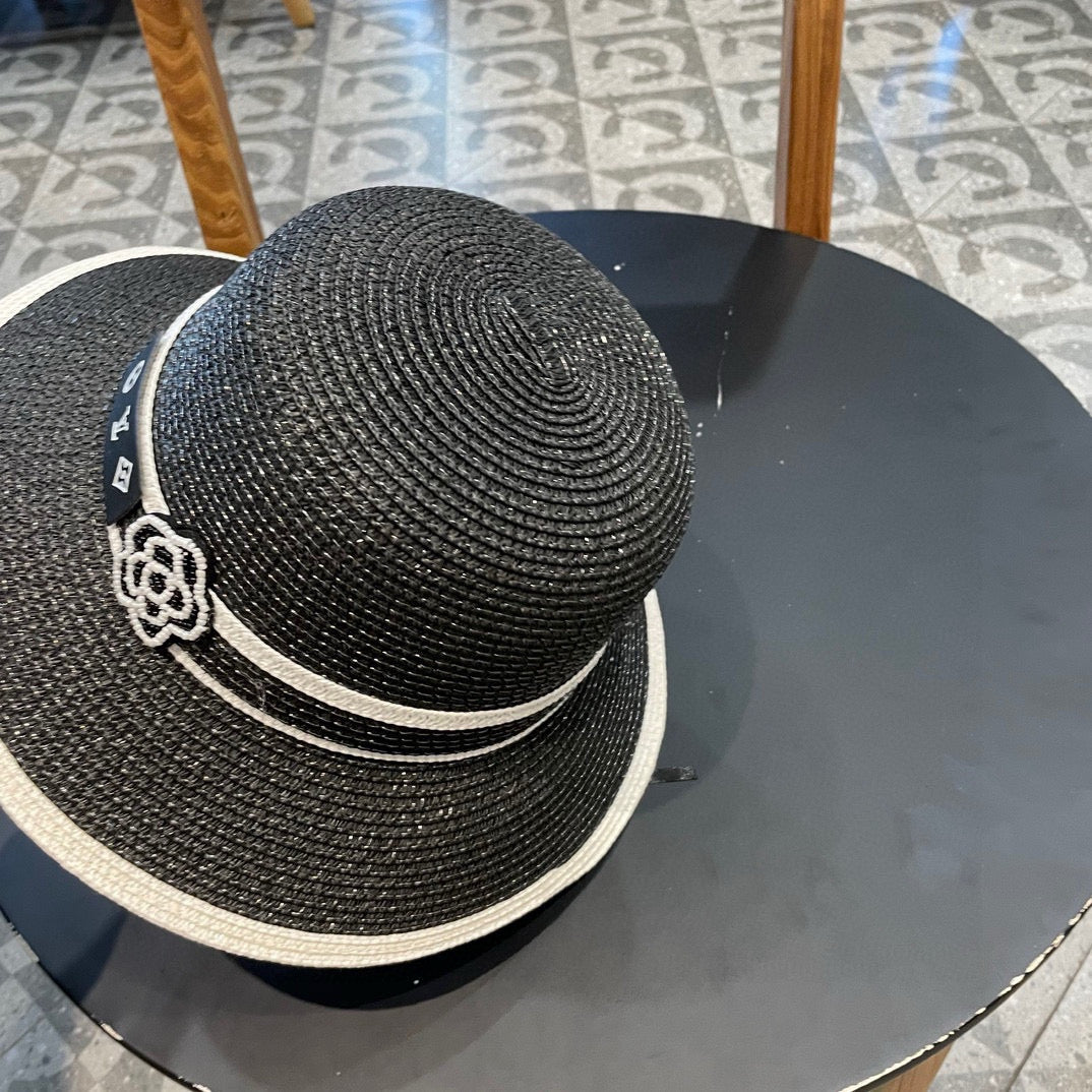 LV Dome Brim Hat with Bow Black in Straw 205626