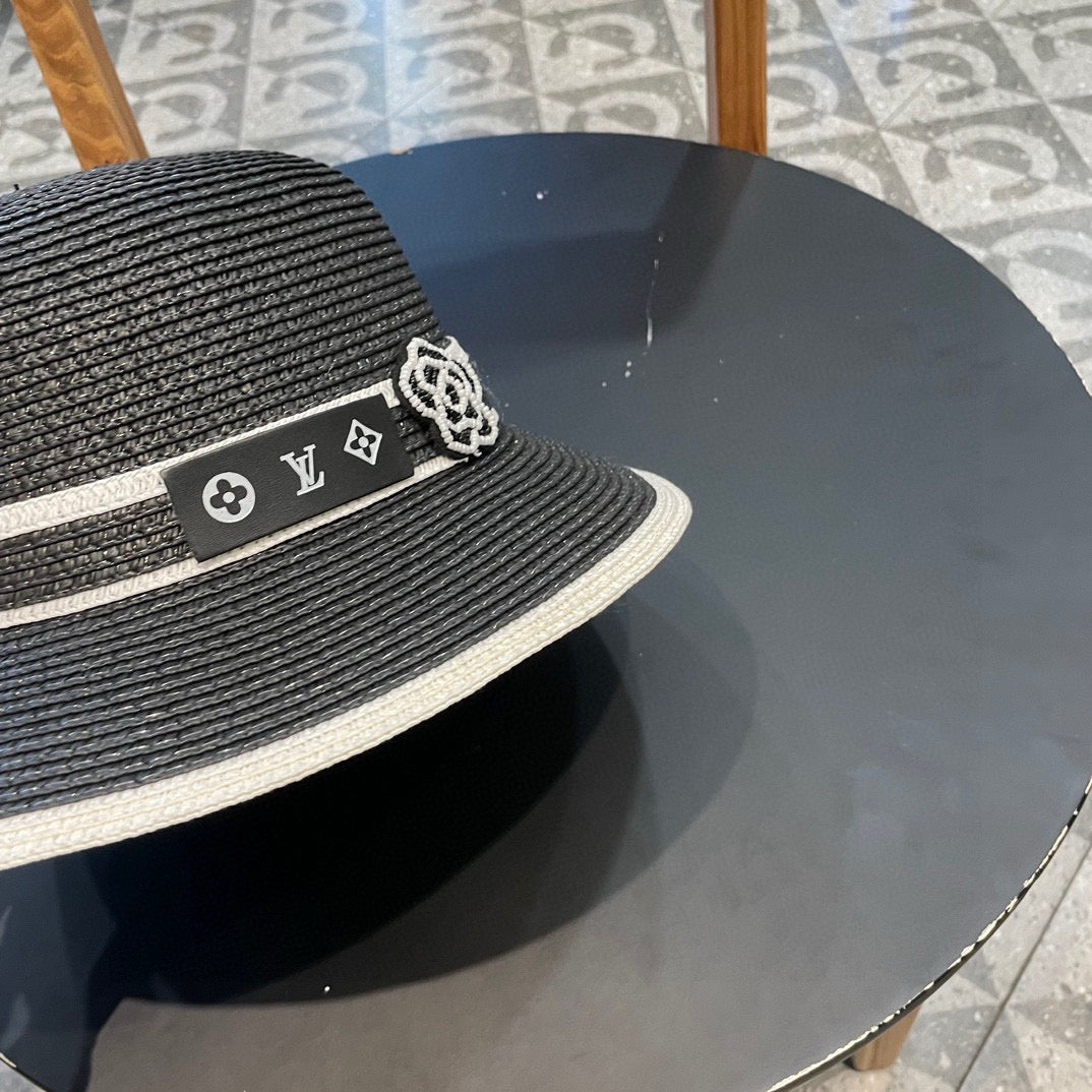 LV Dome Brim Hat with Bow Black in Straw 205626