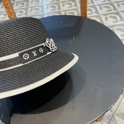 LV Dome Brim Hat with Bow Black in Straw 205626