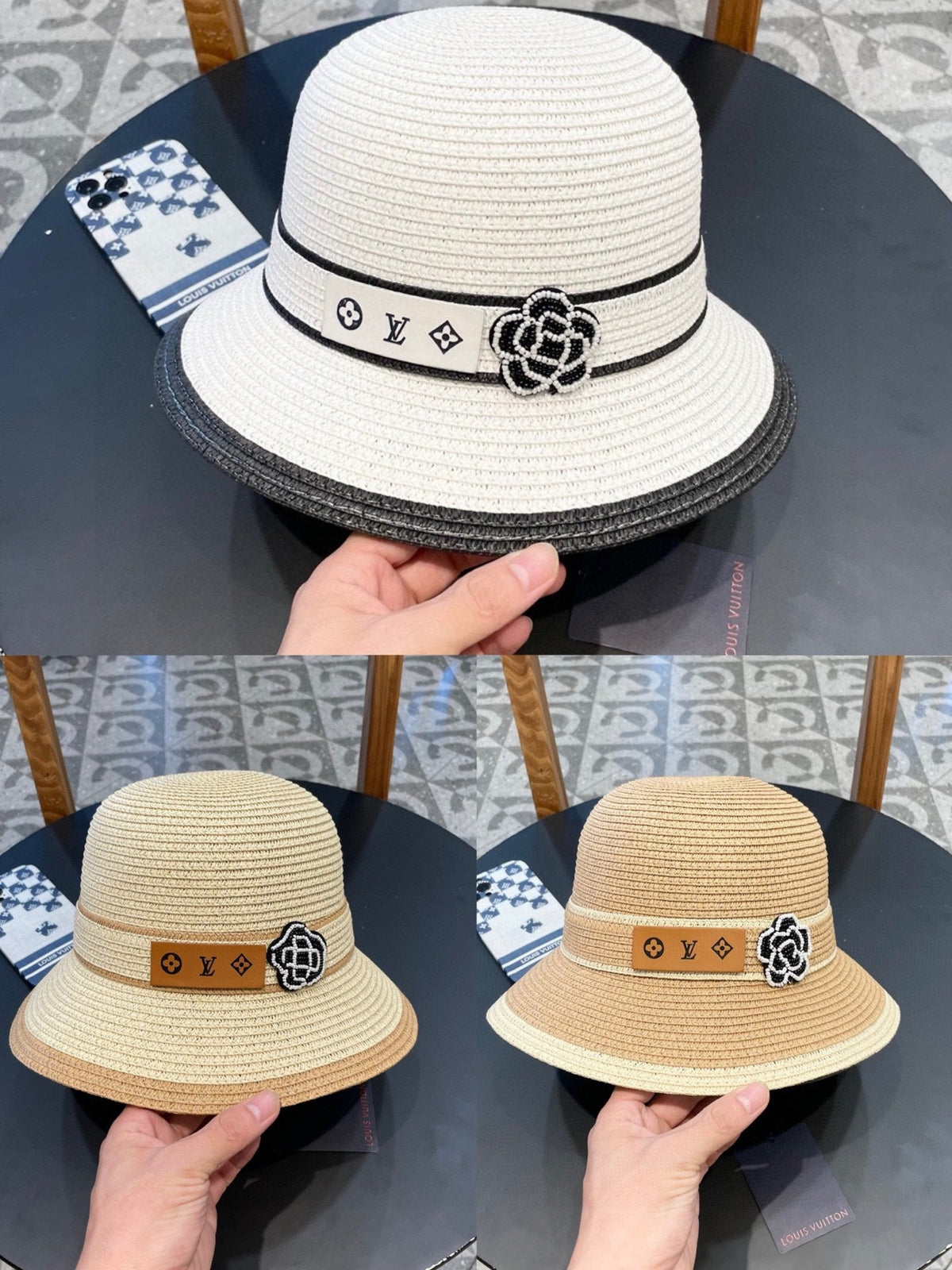 LV Dome Brim Hat with Bow Black in Straw 205626