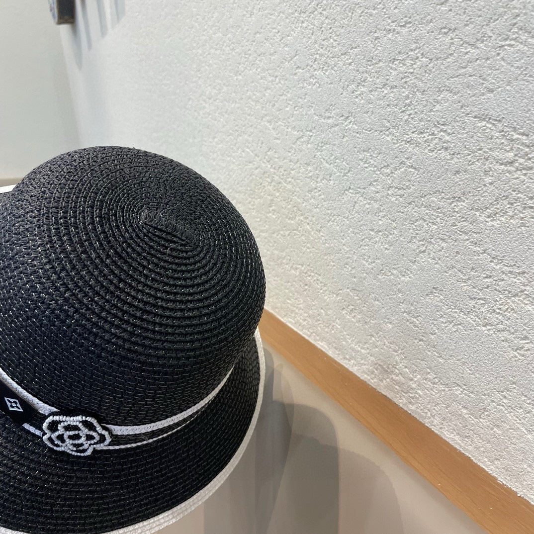LV Dome Brim Hat with Bow Black in Straw 205626