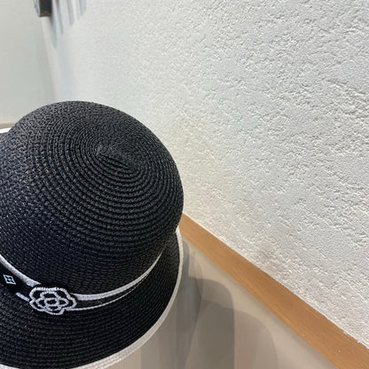 LV Dome Brim Hat with Bow Black in Straw 205626