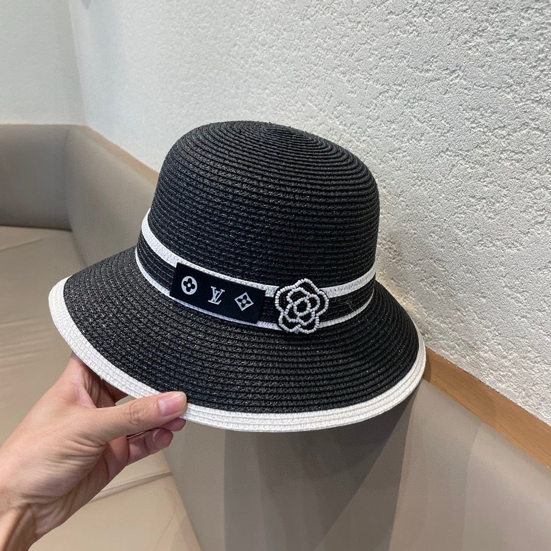 LV Dome Brim Hat with Bow Black in Straw 205626
