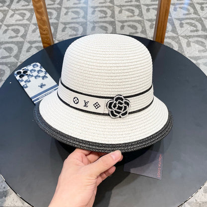 LV Dome Brim Hat with Bow White in Straw 205624