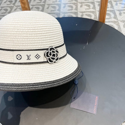 LV Dome Brim Hat with Bow White in Straw 205624
