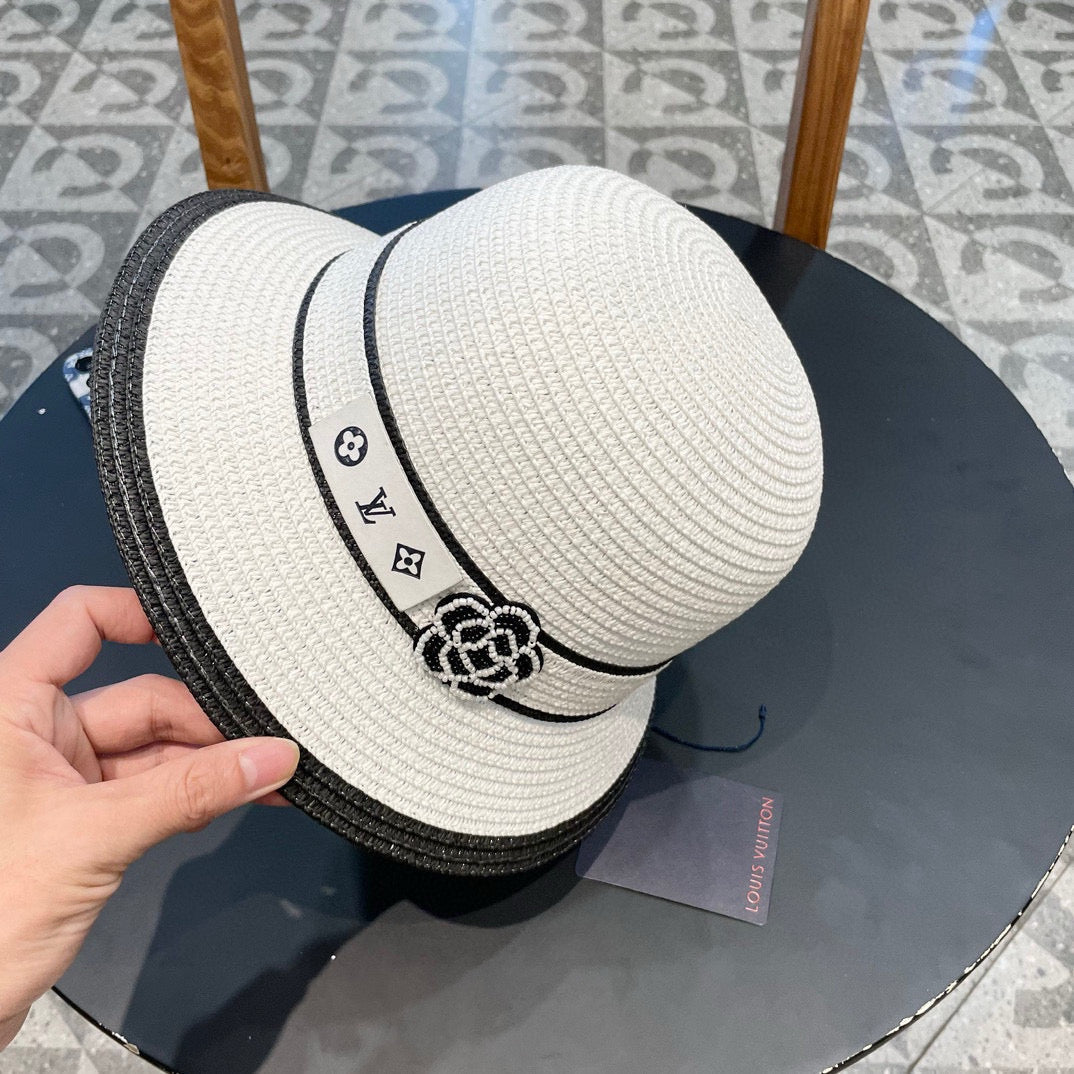 LV Dome Brim Hat with Bow White in Straw 205624