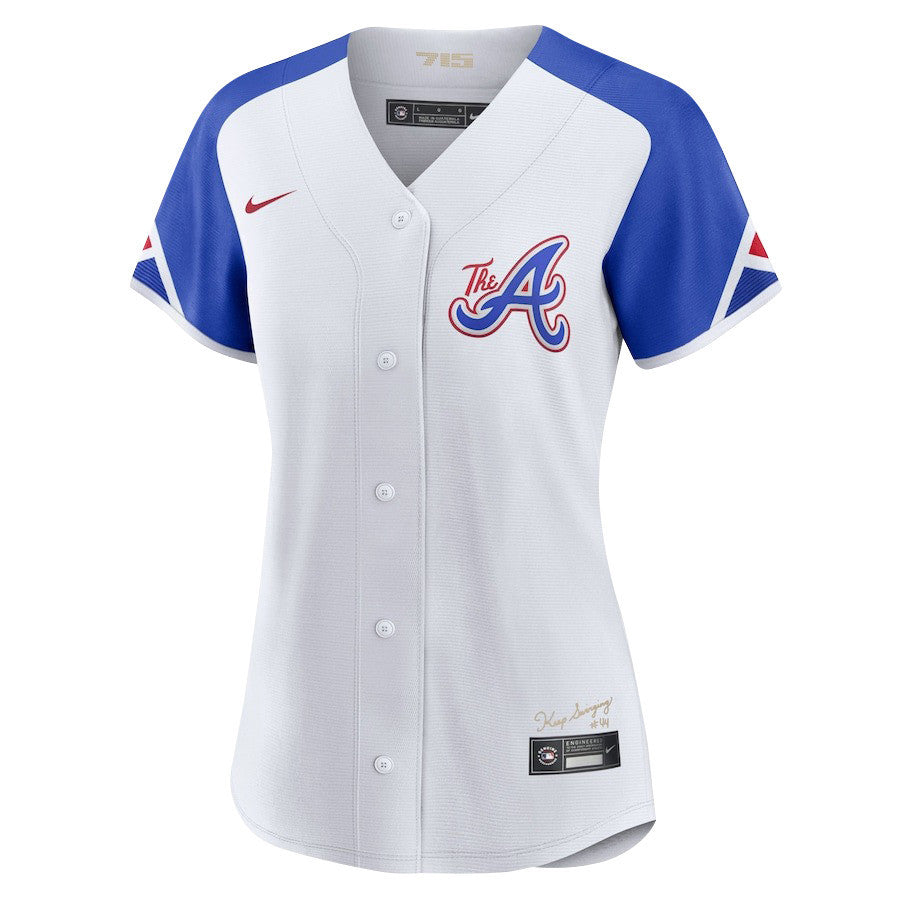 Ronald Acuña Jr. 13 Atlanta Braves Signed Posture 2023 City Connect Player Women Jersey - White Blue