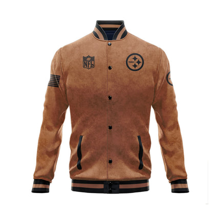 Pittsburgh Steelers 2023 Salute To Service Club Baseball Jacket Varsity Jacket - Brown - All-Over-Printed Jacket