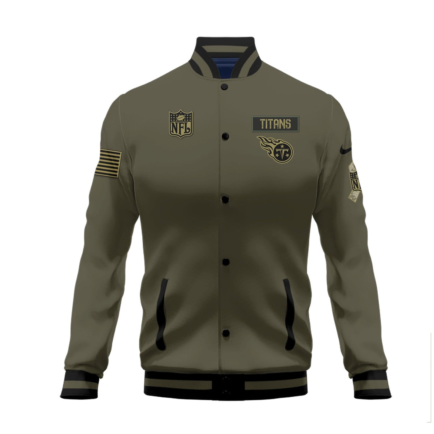 Tennessee Titans 2023 Salute To Service Club Baseball Jacket Varsity Jacket - Green - All-Over-Printed Jacket