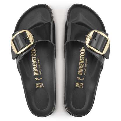 Birkenstock Sandals Women's Madrid Big Buckle Oiled Leather in High Shine Black Sandals