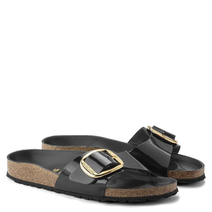 Birkenstock Sandals Women's Madrid Big Buckle Oiled Leather in High Shine Black Sandals
