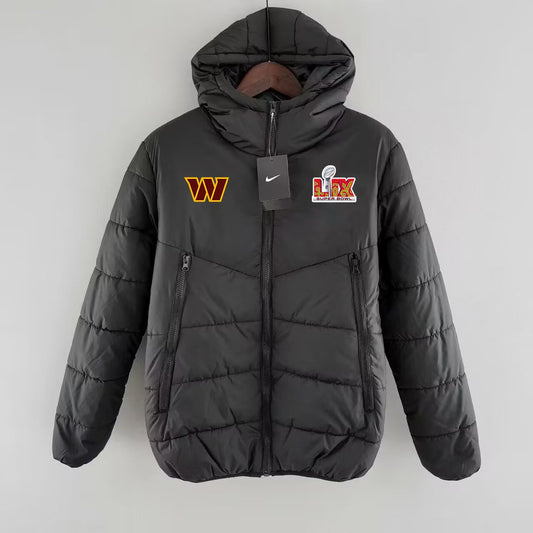 Washington Commanders Super Bowl LIX Patch Hooded Puffer Jacket - Black