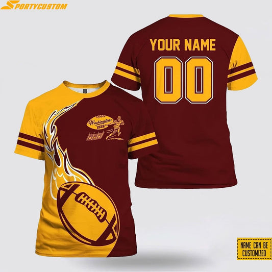Washington Commanders Fire Ball Custom Name & Number All Over Printed T-Shirt - Burgundy/Gold