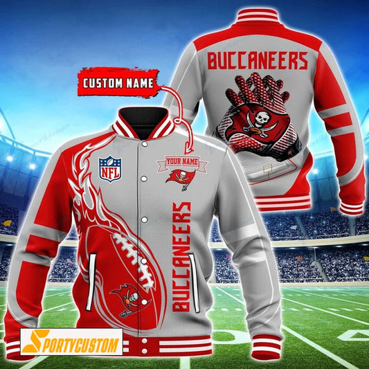 Tampa Bay Buccaneers Fireball Custom Name Baseball Jacket Varsity Jacket - Silver - All-Over-Printed Jacket