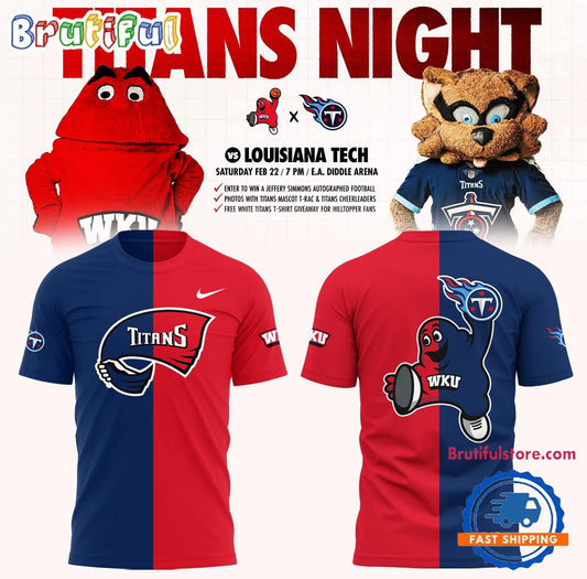 Western Kentucky Hilltoppers Tennessee Titans Night New Design 2025 All Over Printed T-shirt - Navy/Red