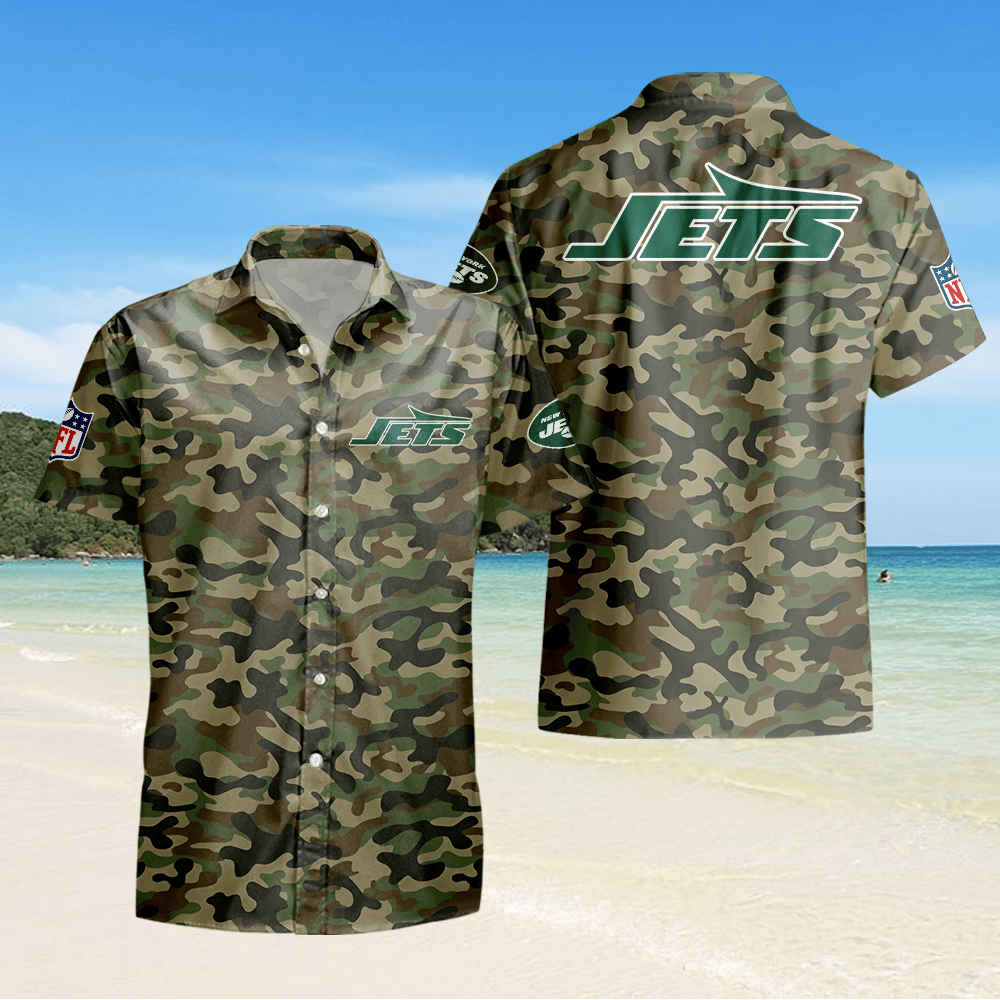 New York Jets Camo Hawaiian Shirt - Green